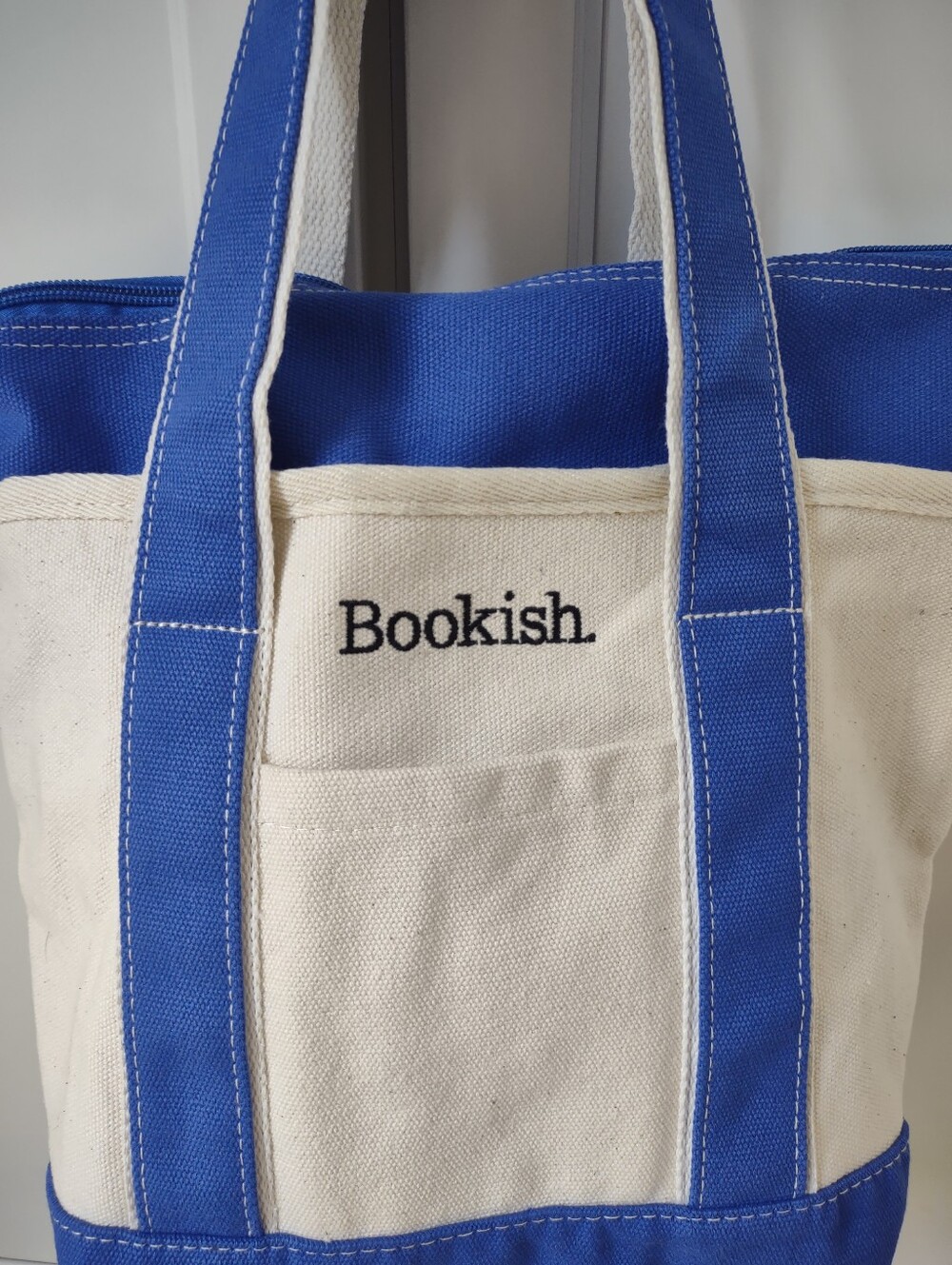 Bookish Canvas Tote with Royal Blue Accents Zipper Top